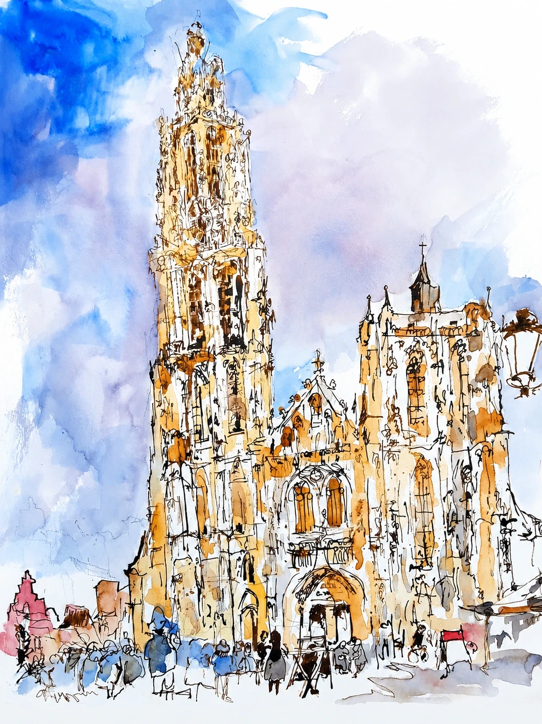 Antwerp Cathedral, watercolour by Kris Herteleer