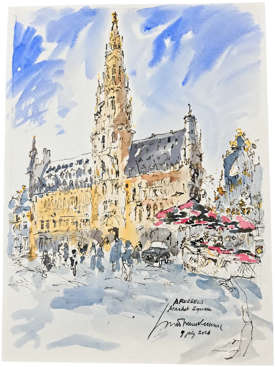 Brussels Market Square, watercolour by Kris Herteleer