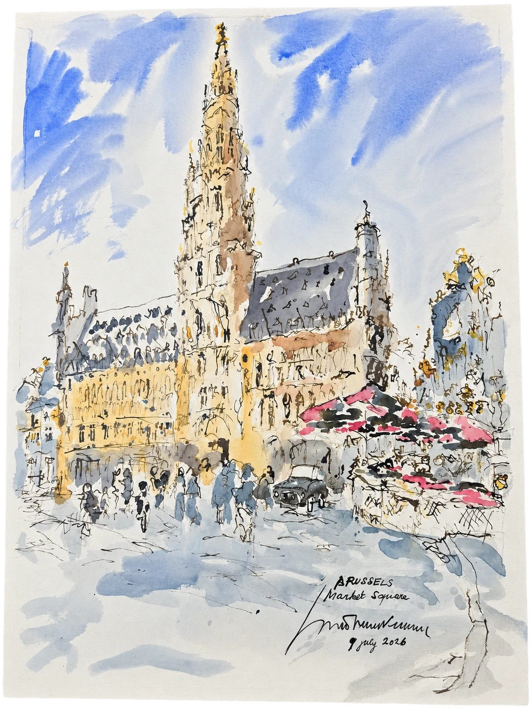 Brussels Market Square, watercolour by Kris Herteleer