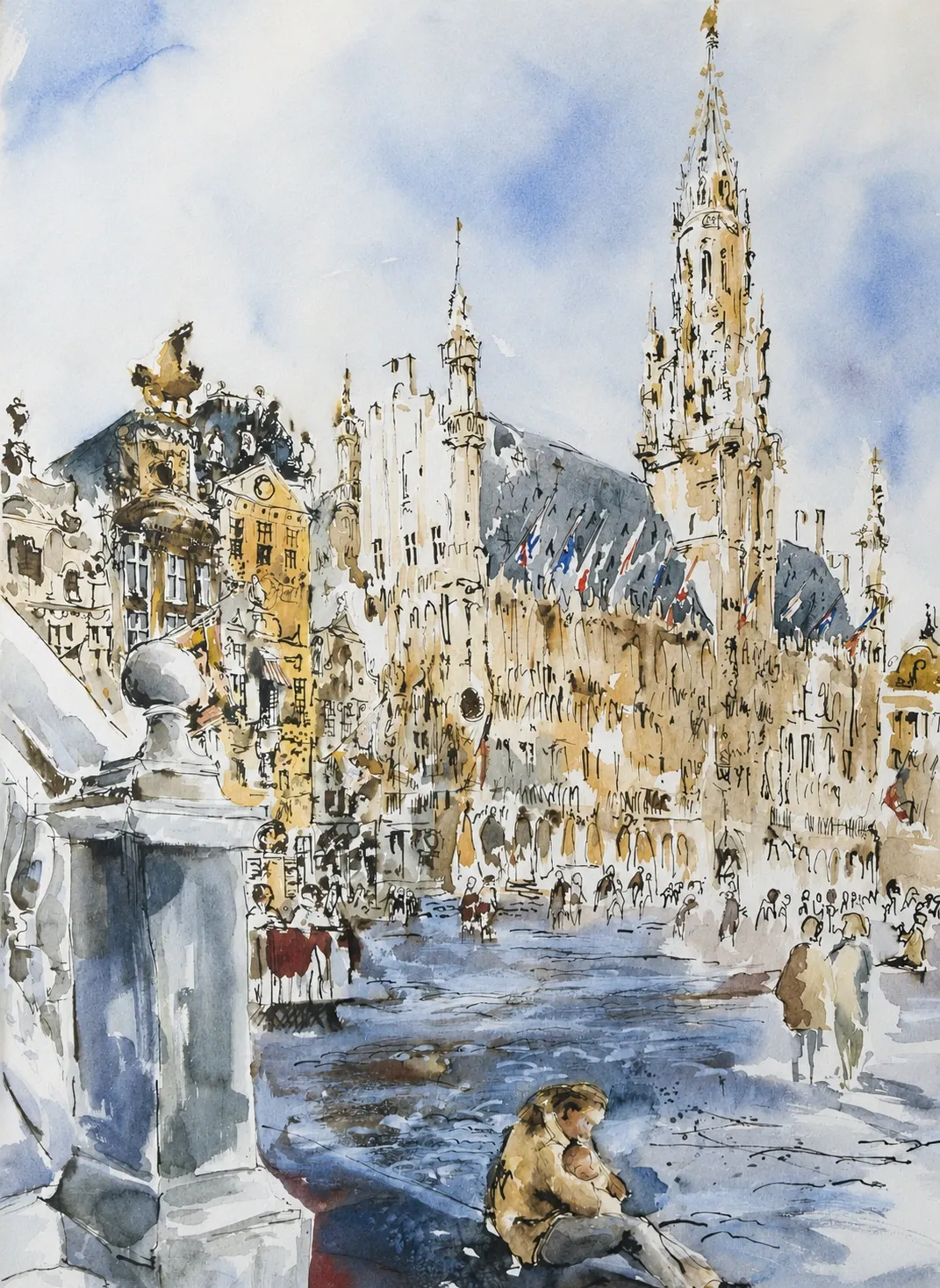 Brussels Town Hall, watercolour by Kris Herteleer