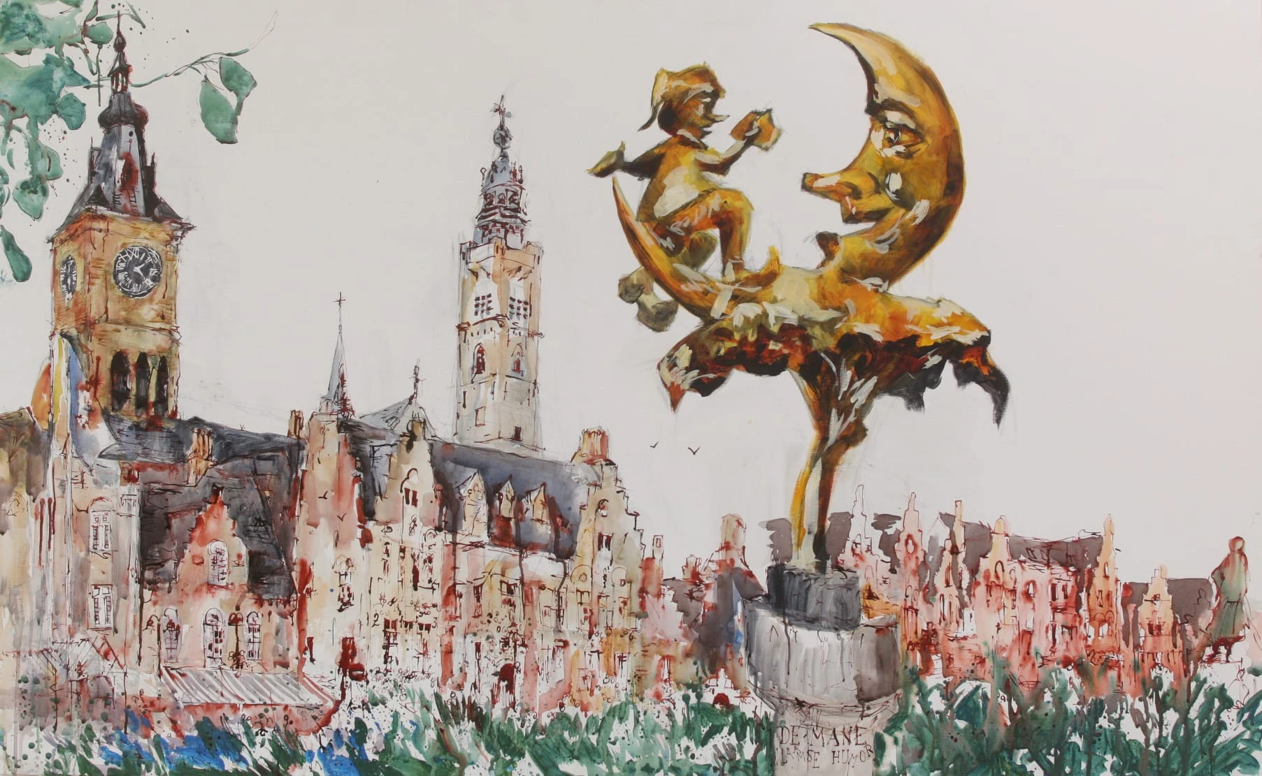 Diksmuide Market Square, watercolour by Kris Herteleer