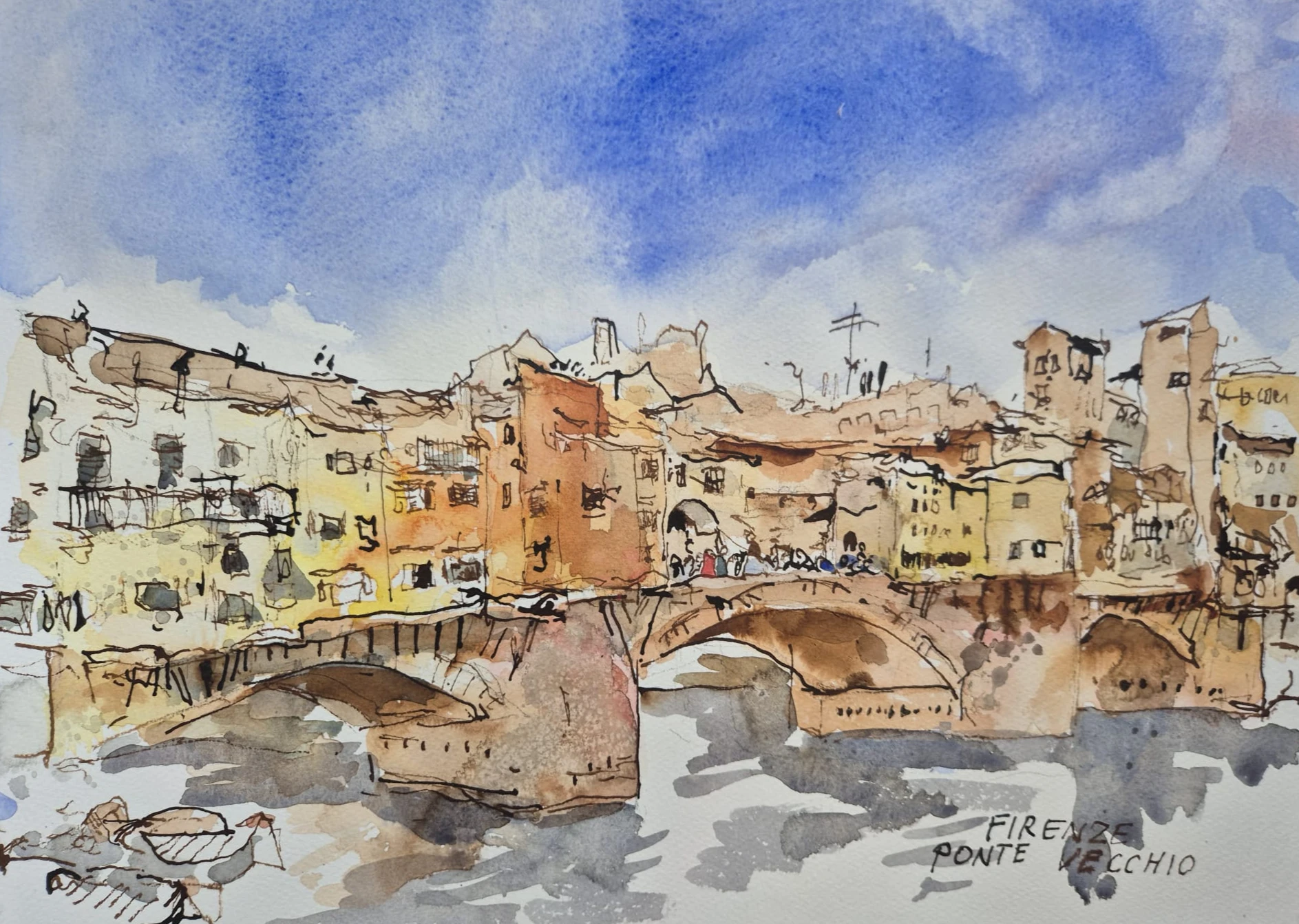 Florence, Old Bridge, watercolour by Kris Herteleer