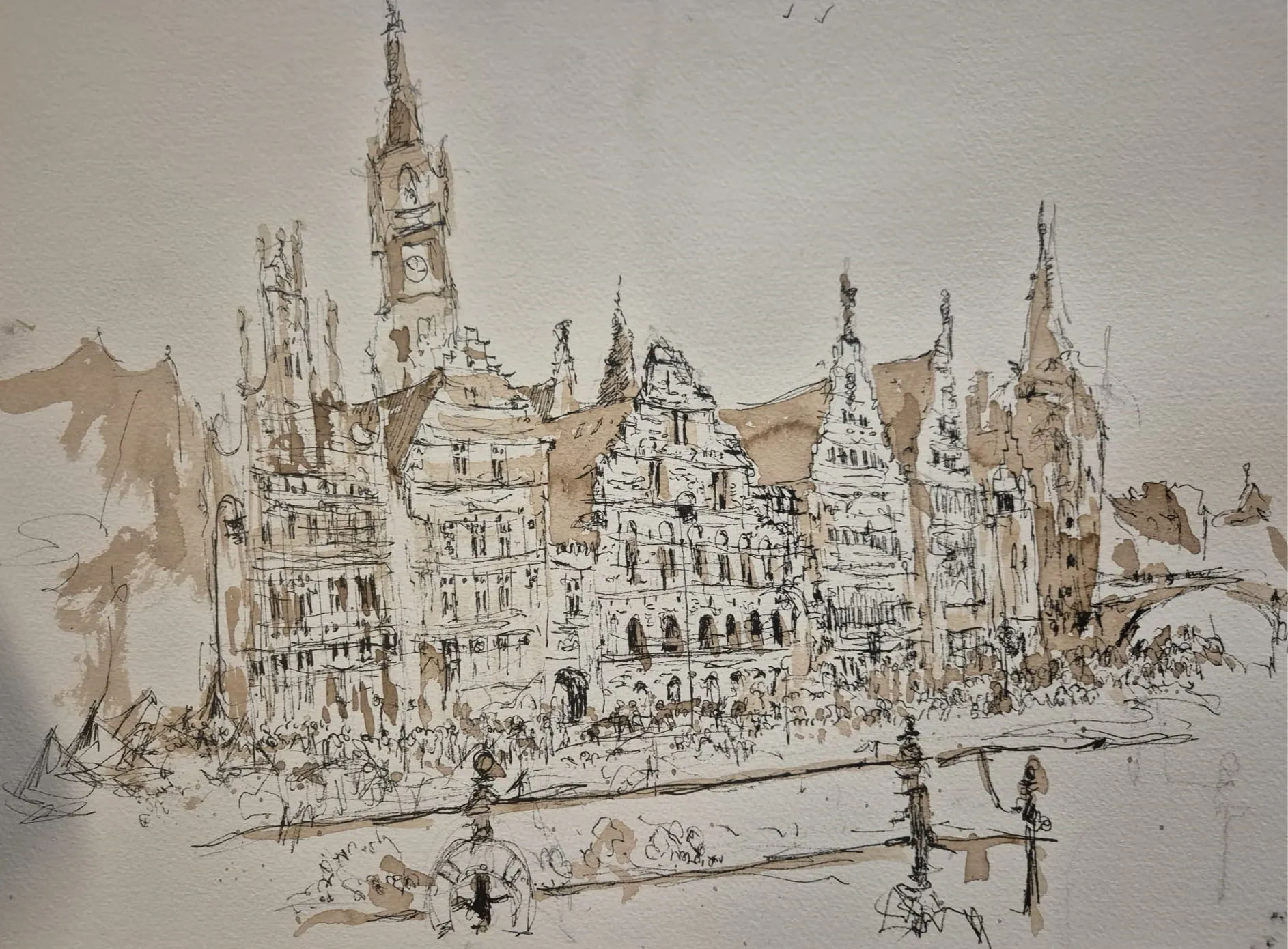 Ghent, Graslei, pen drawing by Kris Herteleer
